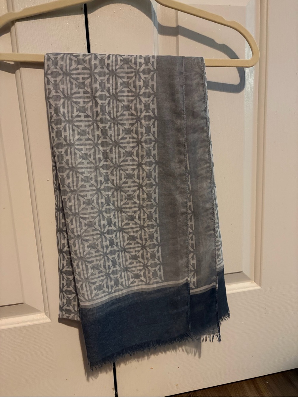India Hicks Gray Patterned Scarf with Dark Blue Border